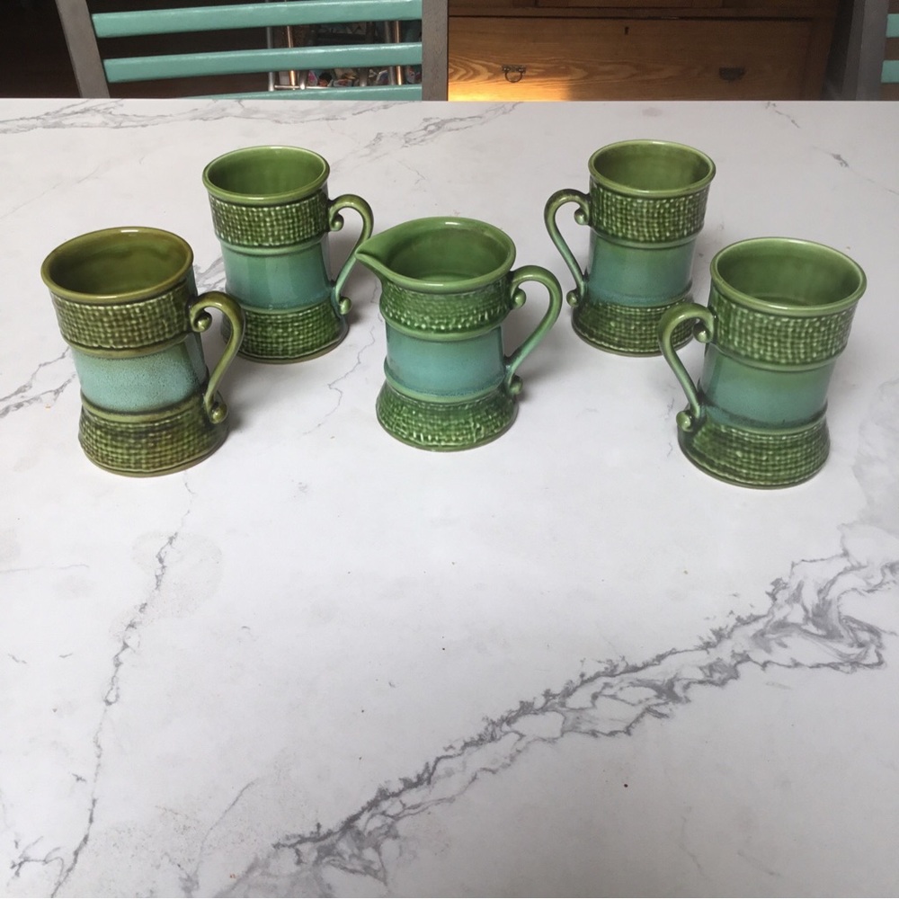 Decorama Inc. Dallas Texas 4 Cups Mugs & Creamer Turquoise Green Japan MCM 60’s